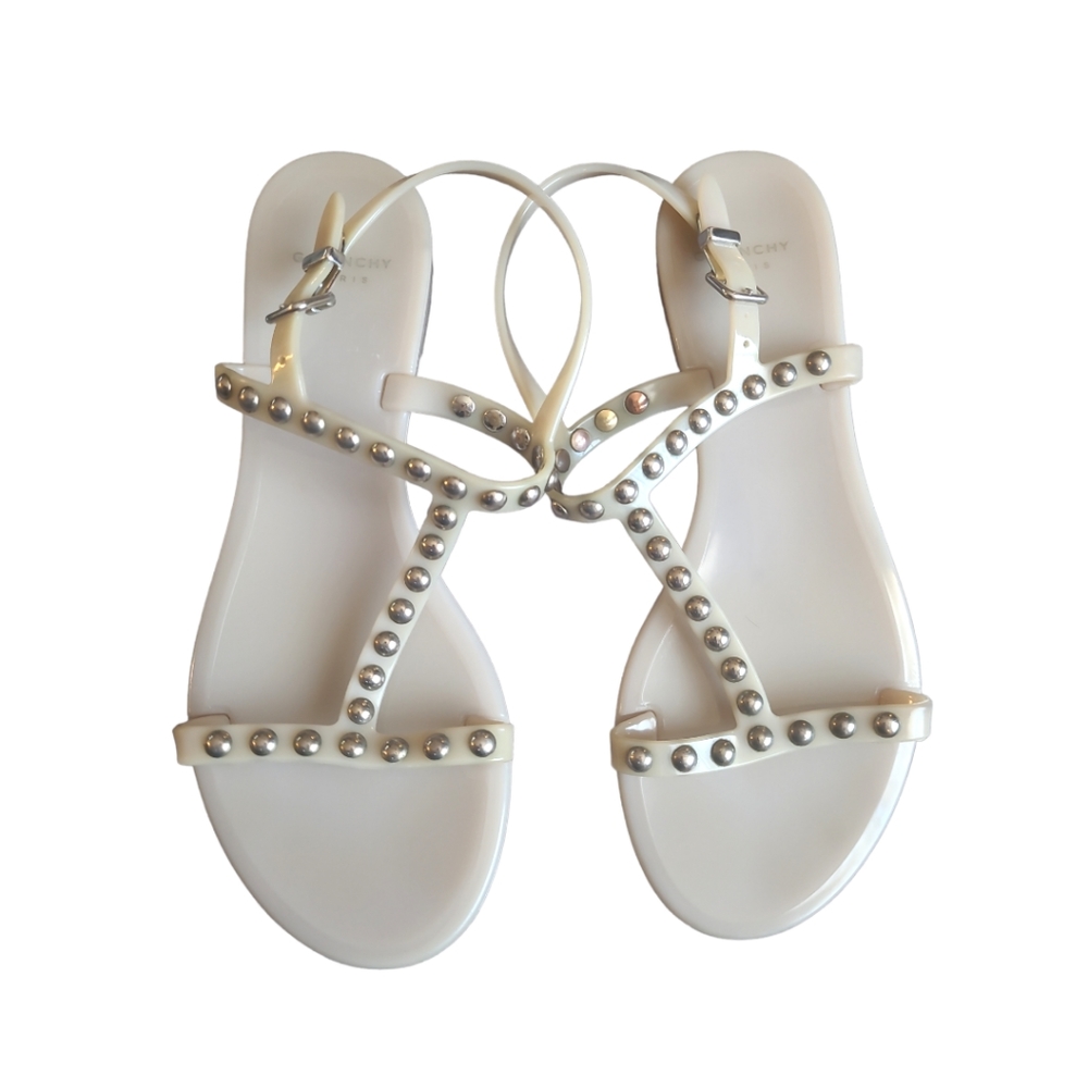 GIVENCHY | Beige Rubber Studded T-Strap Sandals in Size EU 36